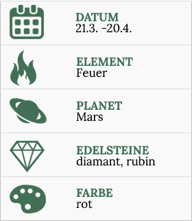 Merkmale des Widders - Element: Feuer, Planet: Mars, Edelsteine: diamant, rubin, Farbe: rot