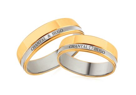 Zweifarbige goldene Eheringe mit Namen und Zirkon, Breite 4 bis 8 mm
