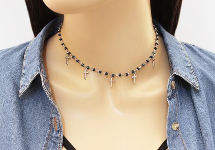 Silber Halskette Choker mit Kreuzen und metallisch blauen Steinen
